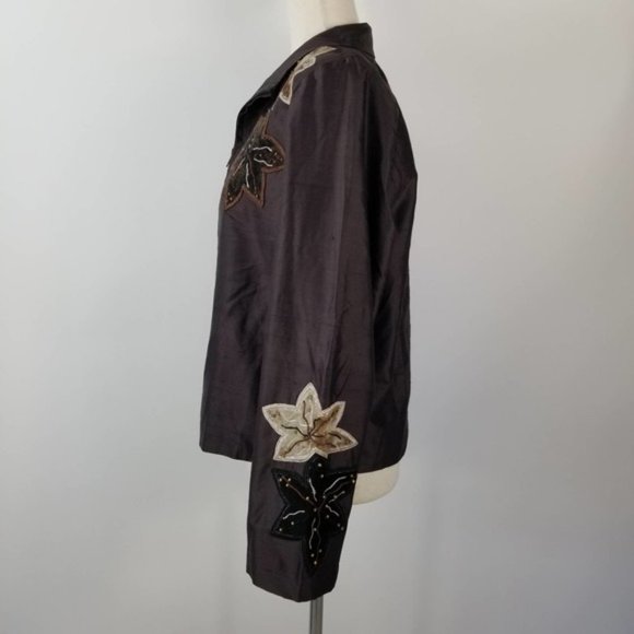 Anage Brown Cream Floral Embellished Silk Vintage Zip Up Lined Jacket Medium - Picture 2 of 6